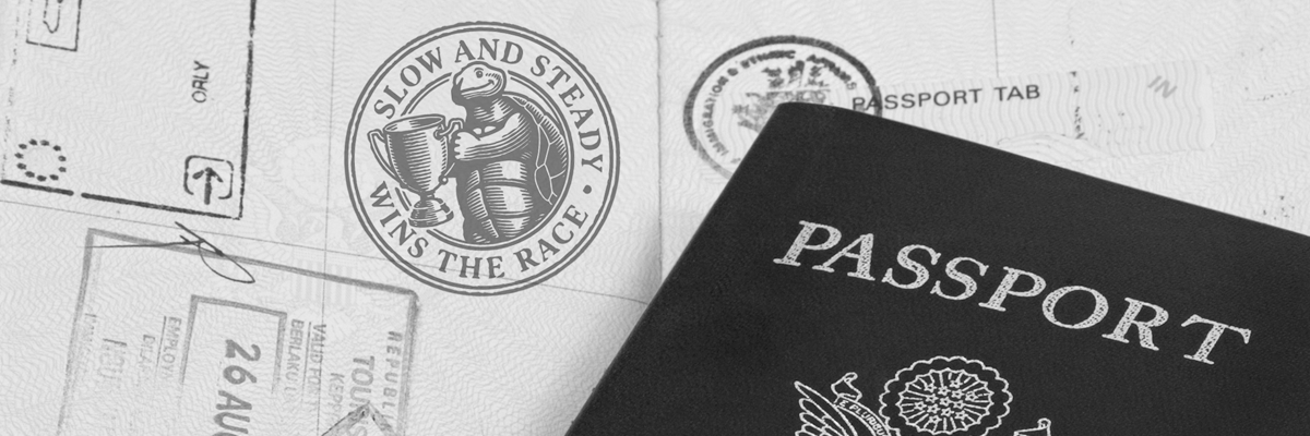 A passport cover and inside pages with stamps accompanied by the Ariel Investments Slow and Steady Wins the Race seal.